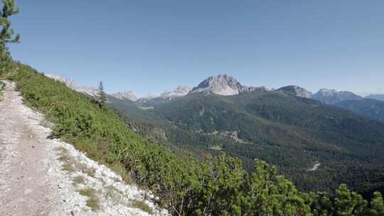 多洛米蒂山脉的森林山谷。意大利多洛米蒂阿尔卑斯山贝洛诺省多洛米蒂阿尔卑斯山视频素材模板下载
