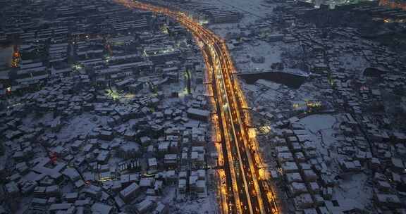 长沙雪后西二环道路航拍夜景