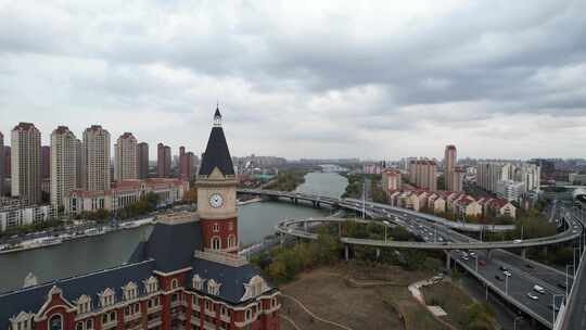 天津海河风景海津大桥城市交通风光航拍