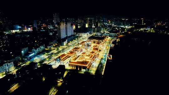 山东烟台芝罘湾广场夜景航拍