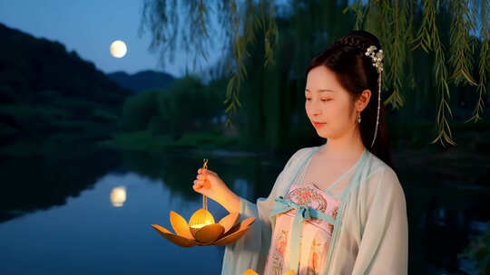月夜河灯祈福少女