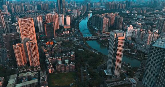 航拍成都都市景观夕阳下的城市风景