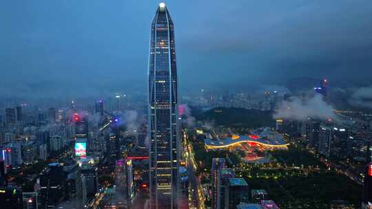 深圳福田CBD大湾区平安大厦夜景蓝调航拍