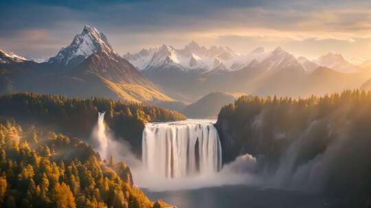 雪山森林瀑布自然风光