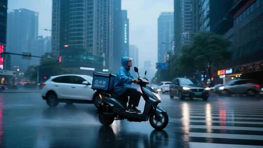 雨天外卖员城市街道骑行