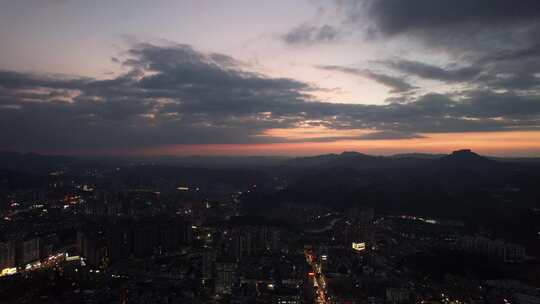 贵州黔东南凯里晚霞夜幕降临夜景航拍