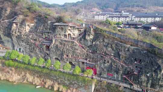 四川广元市千佛崖景区石雕石窟石刻航拍