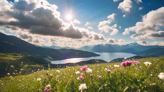 山间草地湖泊阳光美景