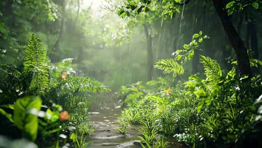 绿色丛林中的雨景