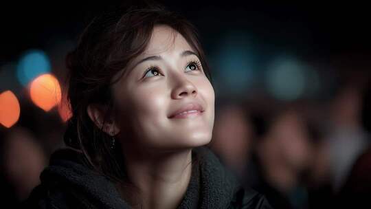 仰望星空的年轻女性眼中充满希望