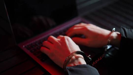 警灯闪烁下嫌疑犯双手戴着手铐操作电脑视频素材模板下载