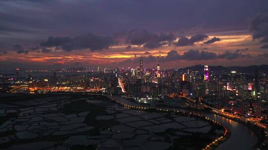 香港湿地公园看深圳福田夜景福田日落前进