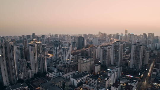 4K航拍上海黄昏高楼大厦高架路前飞