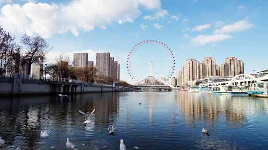 冬季天津之眼海河运河冰期旅游风景城市风光