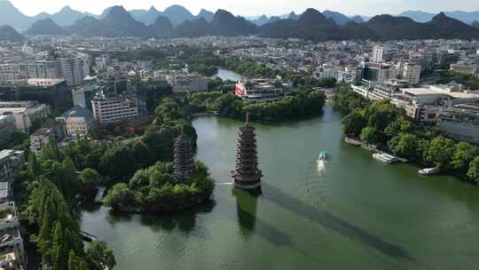 航拍广西桂林地标建筑日月双塔