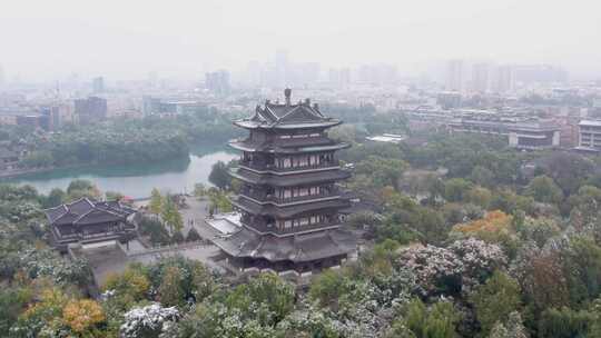 4k航拍山东济南大明湖雪景