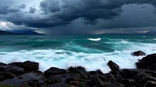 海边乌云下海浪拍打礁石场景