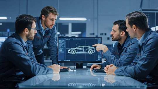 汽车工程师团队会议讨论