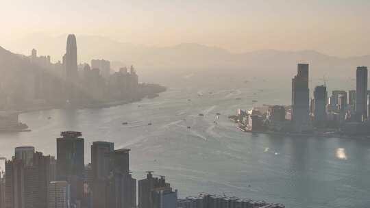 香港维多利亚港清晨航拍