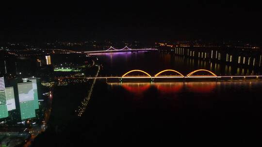 城市航拍湖南长沙福元路湘江大桥夜景灯光