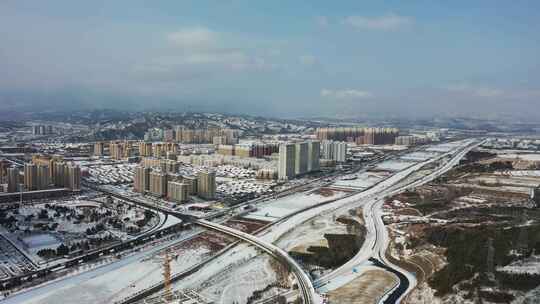 航拍城市雪景  雪后县城