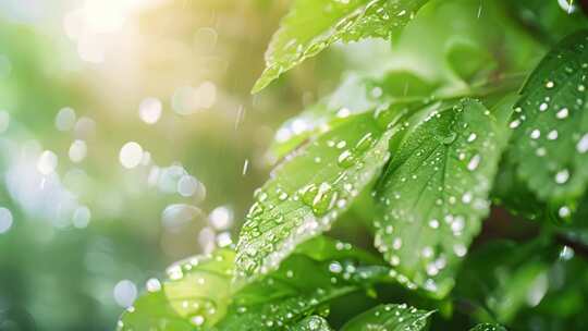 春雨，雨水雨滴落在绿色的树叶上