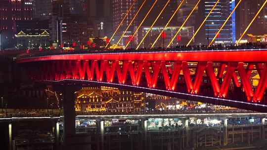 重庆千厮门大桥轻轨穿桥夜景航拍 4k视频素材模板下载