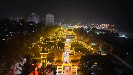 湖南岳阳楼景区汴河街夜景航拍