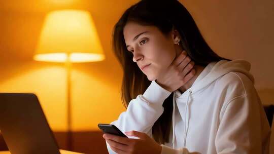 女孩室内使用手机和电脑