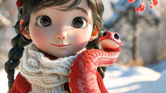 冬天卡通女孩与宠物小蛇 2025蛇年春节