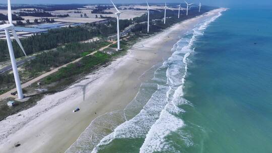 海边风力发电风车航拍