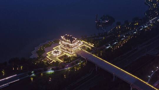 绍兴迪荡湖公园亭台楼阁建筑夜景,航拍公园