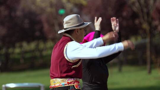 4k升格实拍穿藏族民族服饰跳舞的老年人中景