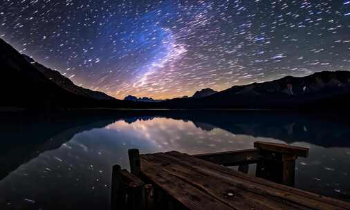 湖畔夜空繁星轨迹的美丽自然风光