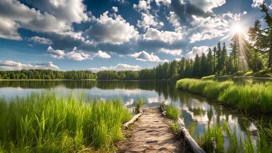 湖畔森林阳光风景