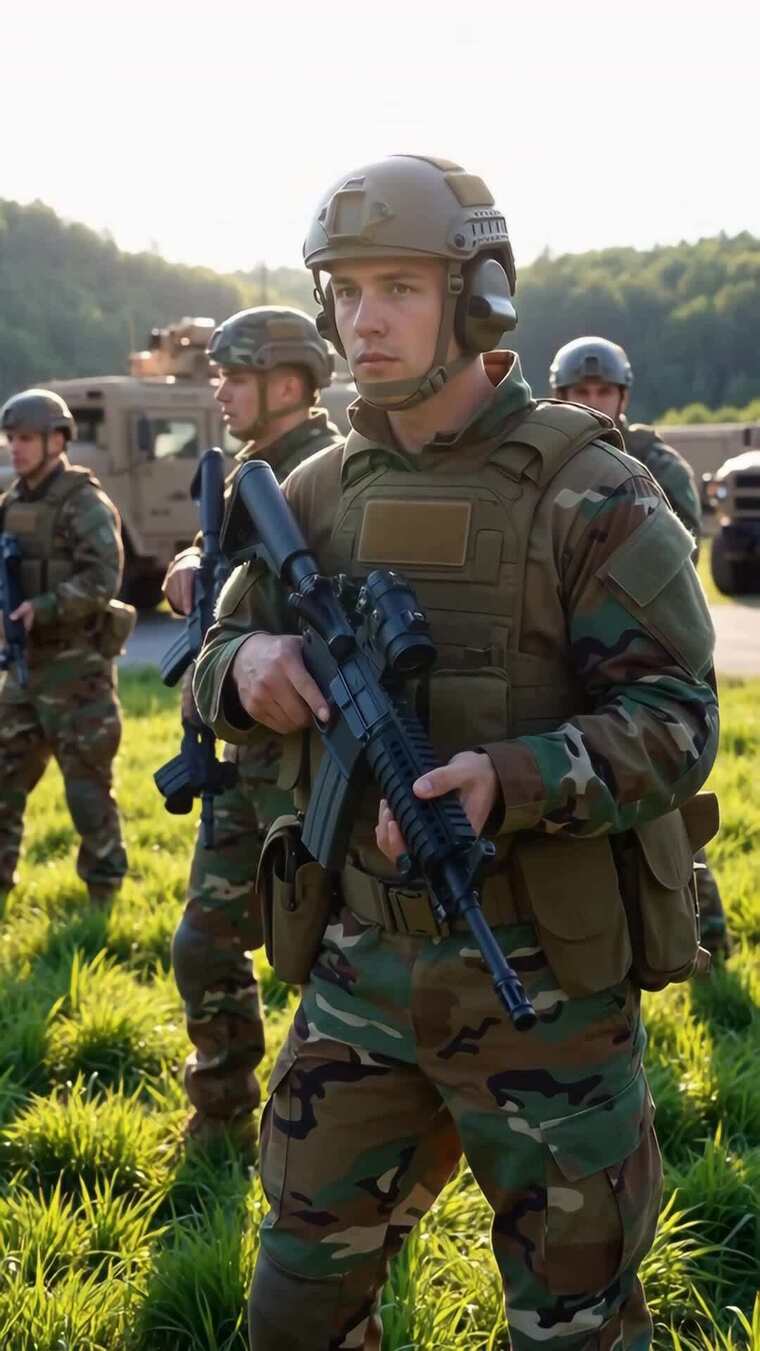 军人户外持枪列队素材