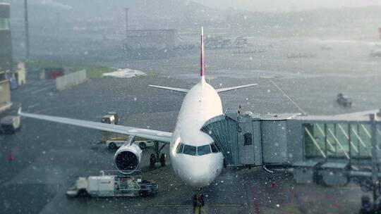 冬季商用飞机站在机场航站楼视频素材模板下载