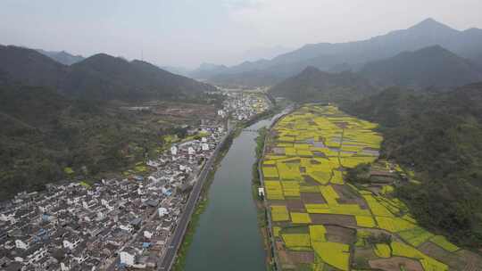 春日宣城市绩溪县瀛洲村风光航拍素材