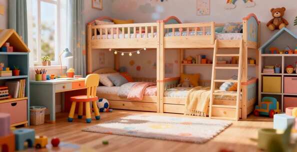 儿童卧室双层床及玩具布置