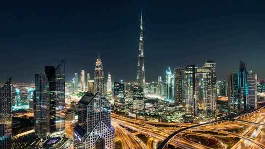 城市航拍迪拜哈利法塔迪拜购物中心夜景灯光