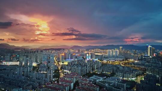 福州仓山万达城市晚霞夜景震撼航拍视频素材模板下载