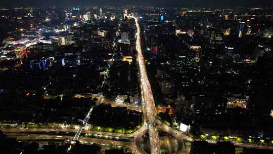 杭州城市夜幕降临夜景交通航拍