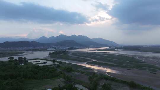 航拍闽江河口湿地小岛果园茉莉花田沙洲河汊