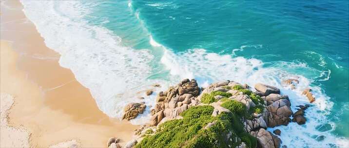 海滩礁石海浪俯拍画面