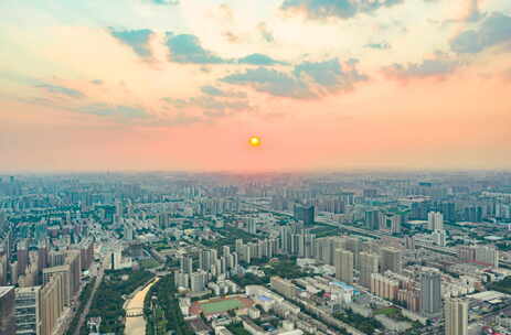 郑州城市日落晚霞航拍空境