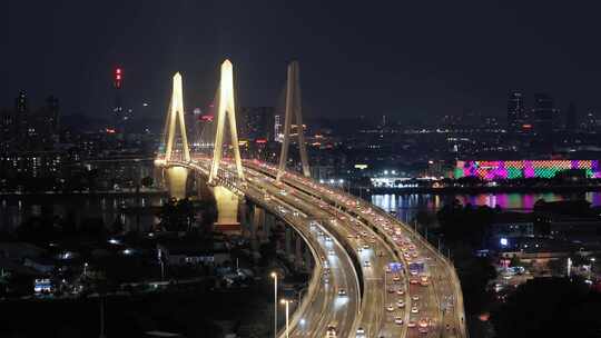 广州洛溪大桥晚高峰夜景车流航拍