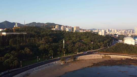 航拍山东烟台海岸线日出沿海风景