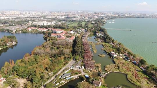 航拍云南昆明滇池海埂公园