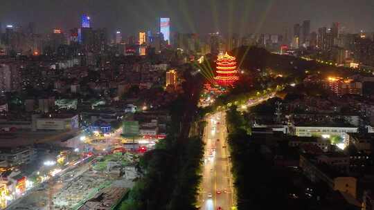 湖北黄鹤楼公园武汉长江大桥夜晚夜景航拍车