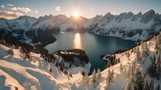 雪山湖泊日出全景